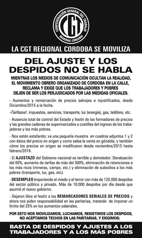 Alerta y movilización de la CGT Córdoba por los despidos y el ajuste