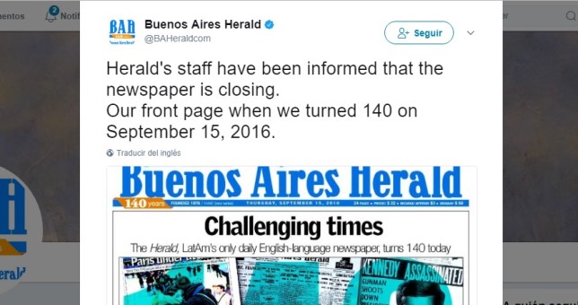 A días de cumplir 141 años, cierra el Buenos Aires Herald