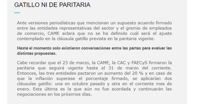 Urgente: La CAME desacredita a Cavalieri y dice que no hay acuerdo por la cláusula gatillo para los mercantiles