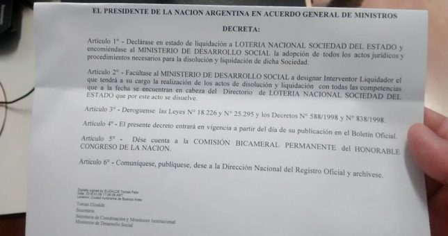 El Gobierno ordenó liquidar Lotería Nacional y peligran 200 empleos