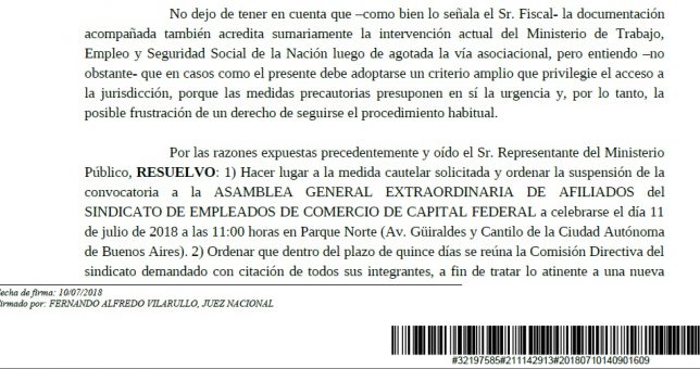 Por no garantizar la libertad sindical, la Justicia suspendió el proceso electoral de Comercio Por no garantizar la libertad sindical, la Justicia suspendió el proceso electoral de Comercio