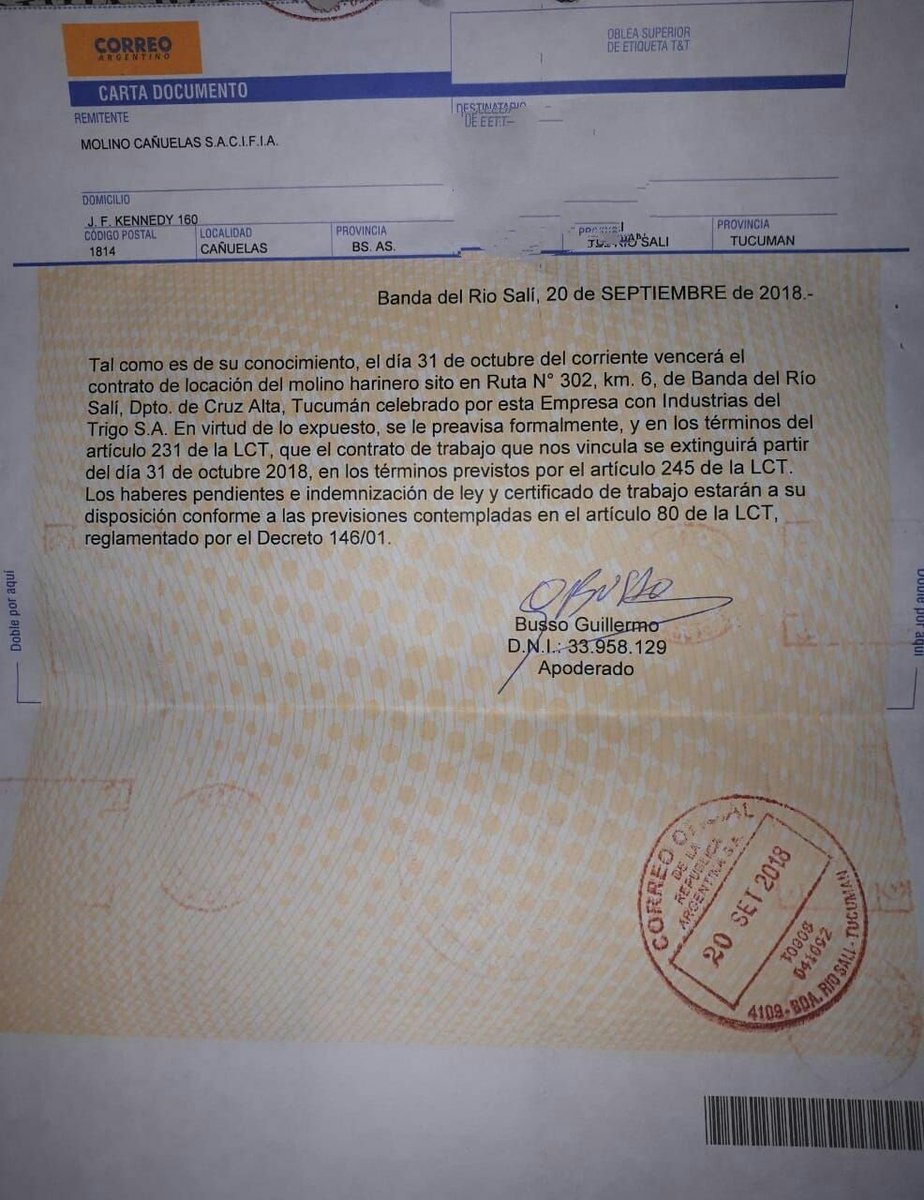 Molinos Cañuelas envió telegramas y confirmó que se va de Tucumán