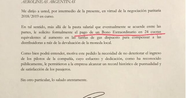 Pilotos le piden a Aerolíneas un bono extra en 24 cuotas para pagar el gas Pilotos le piden a Aerolíneas un bono extra en 24 cuotas para pagar el gas