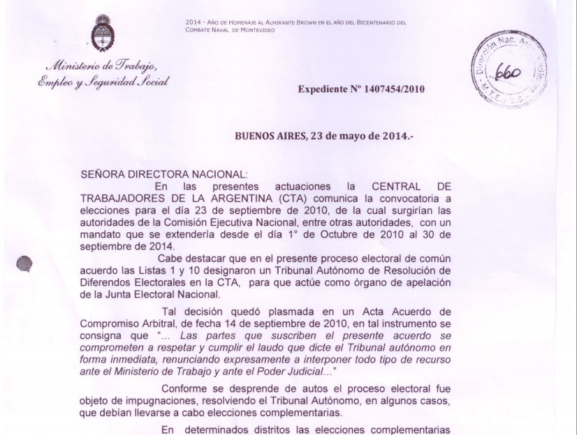 Trabajo desconoce las elecciones de la CTA Micheli