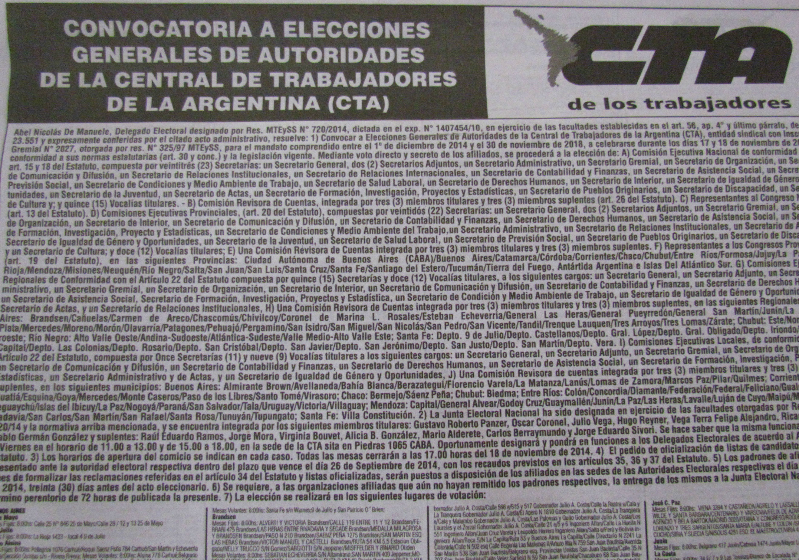 La CTA Yasky convocó a elecciones