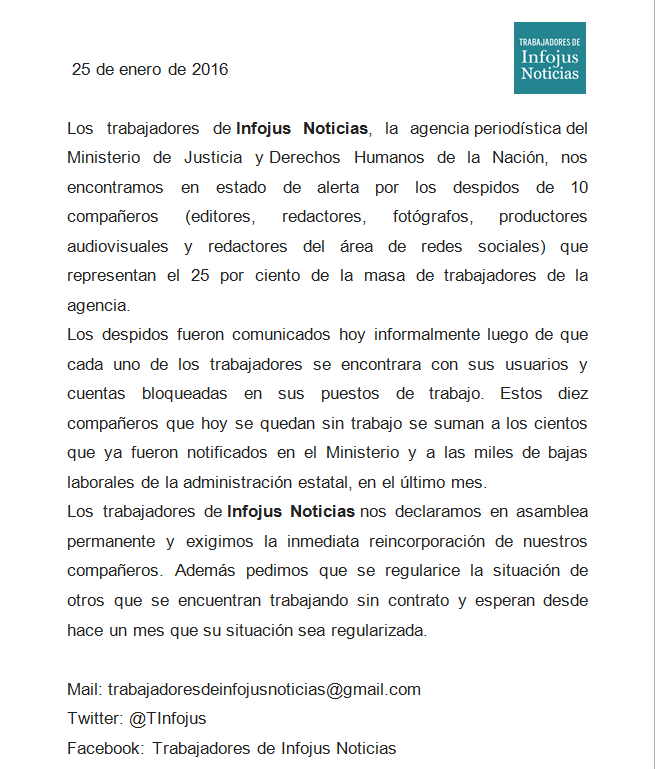 El Ministerio de Justicia echó a 10 periodistas de Infojus