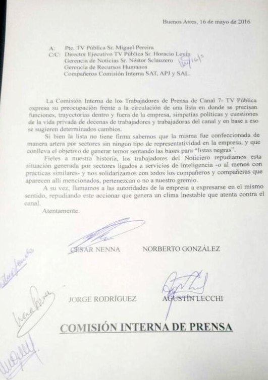 Denuncian listas negras en la TV Pública