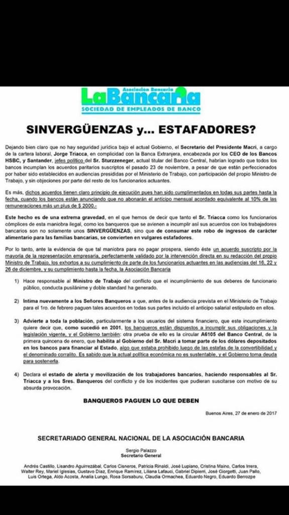 La Bancaria calificó de «sinvergüenzas y estafadores» a Triaca y los banqueros