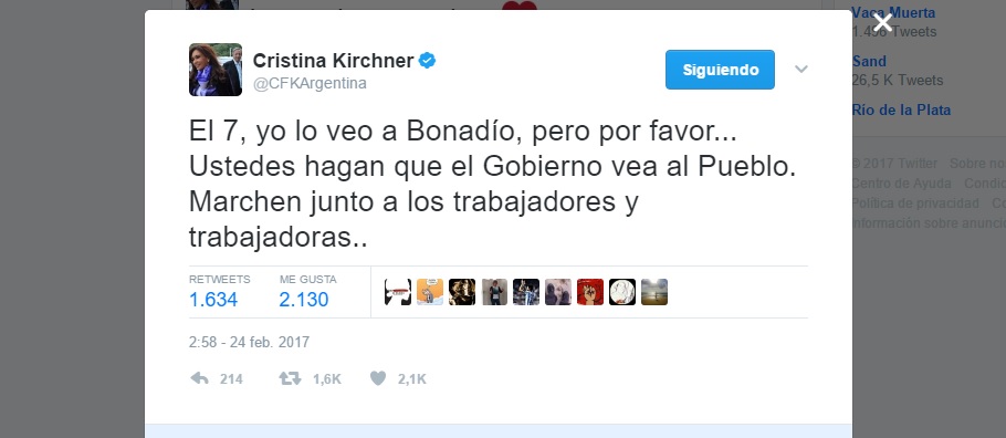 CFK se desmarca de la interna del PJ y pidió marchar con la CGT