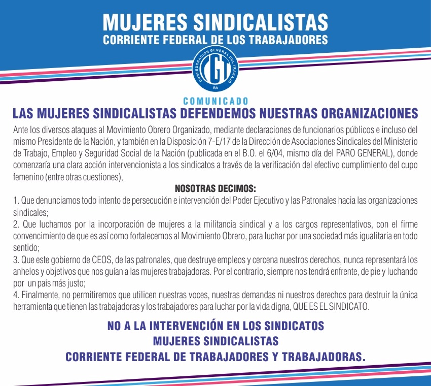 La corriente de mujeres sindicalistas rechazó el intento «intervencionista» de Triaca en los gremios