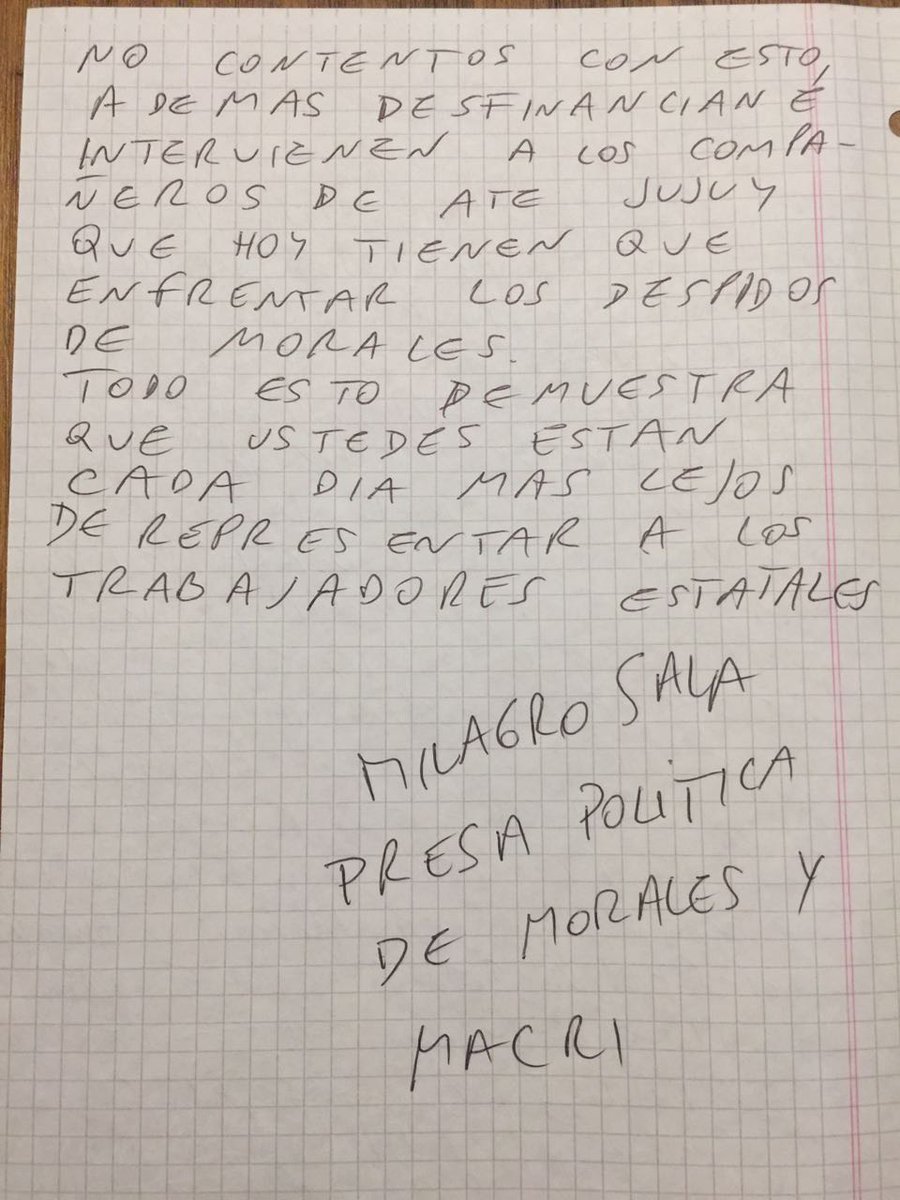 Milagro Sala escribió una carta a ATE Nación para cuestionar su apoyo a Morales