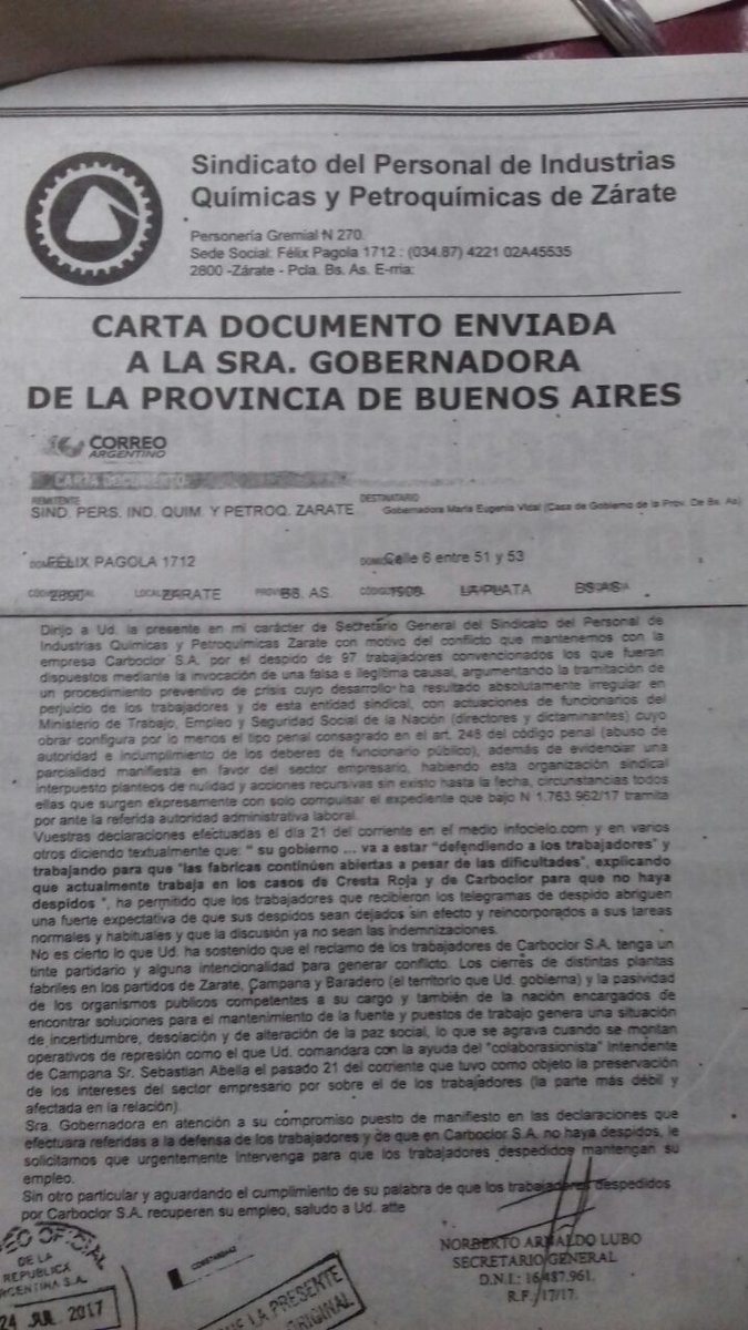 Despedidos de Carboclor le piden por carta a Vidal que cuide los empleos