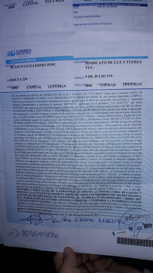 Vuelven a impugnar el proceso electoral de Luz y Fuerza Tucumán