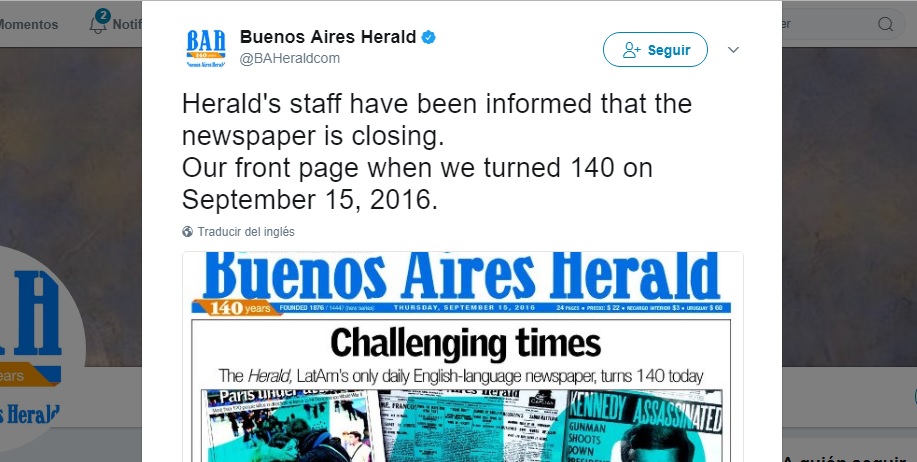 A días de cumplir 141 años, cierra el Buenos Aires Herald