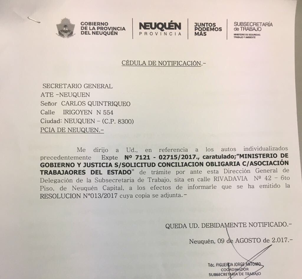 Conciliación obligatoria y se descomprime el conflicto estatal neuquino