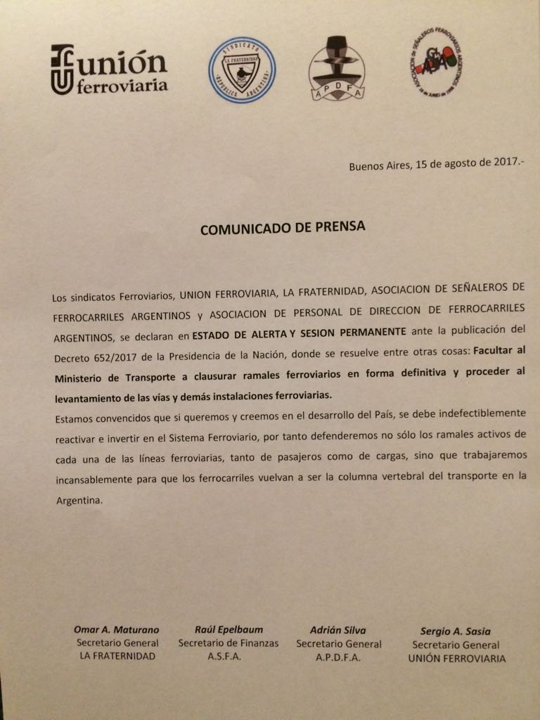 Alerta entre los ferroviarios por el decreto de Macri que habilita a levantar ramales