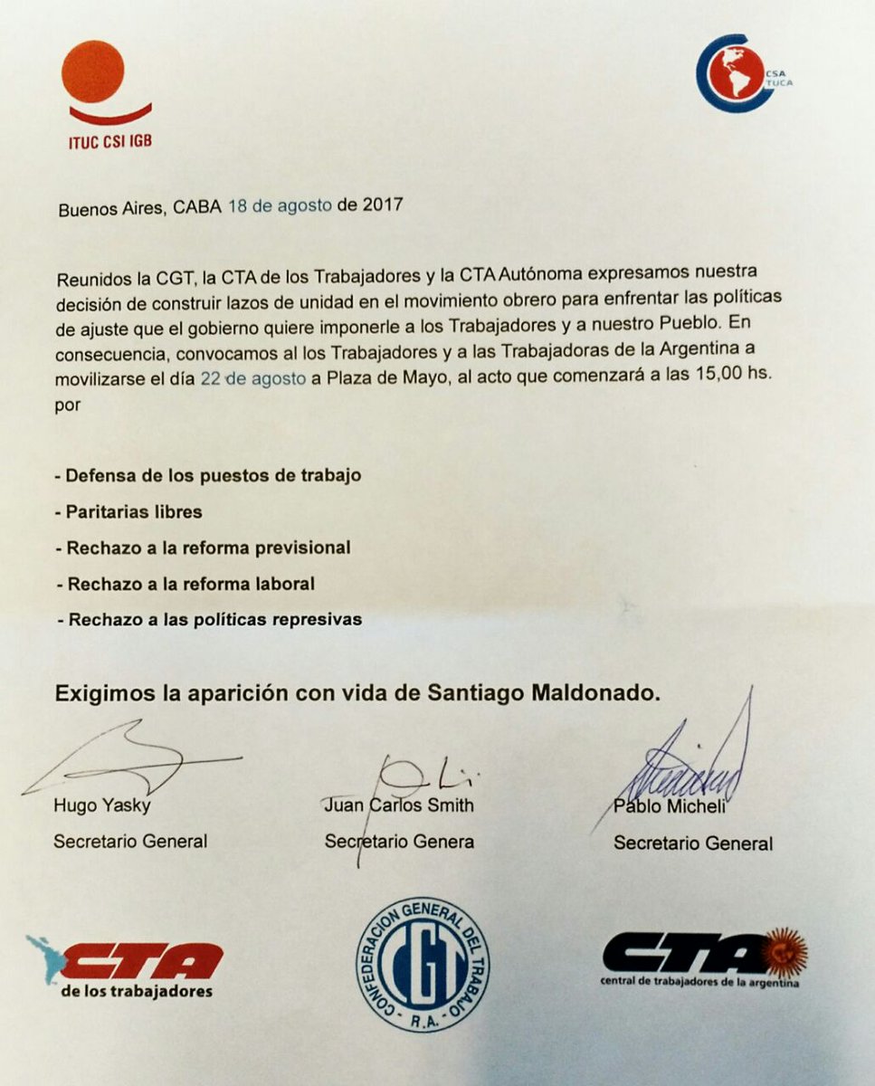 Las CGT y las CTA lanzaron una convocatoria conjunta para la movilización del martes