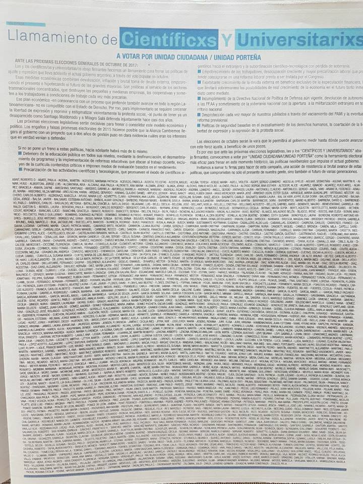 Con base gremial, universitarios y científicos publicaron una solicitada en apoyo a Unidad Ciudadana
