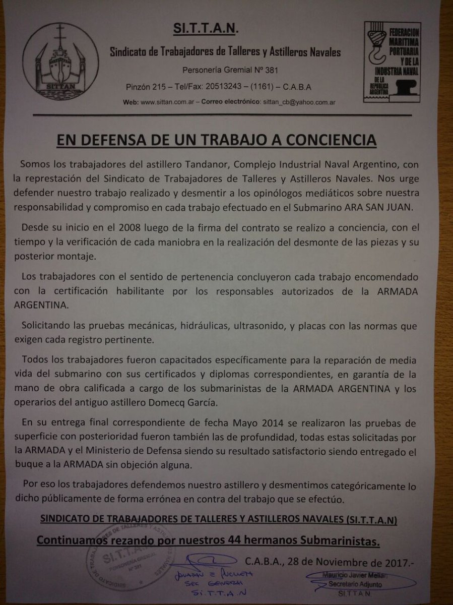 Empleados de Tandanor salieron a defender su trabajo en el ARA San Juan