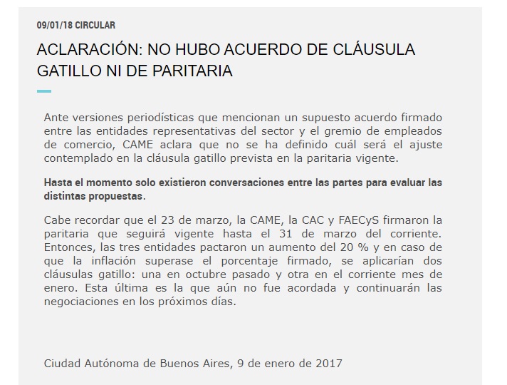 Urgente: La CAME desacredita a Cavalieri y dice que no hay acuerdo por la cláusula gatillo para los mercantiles