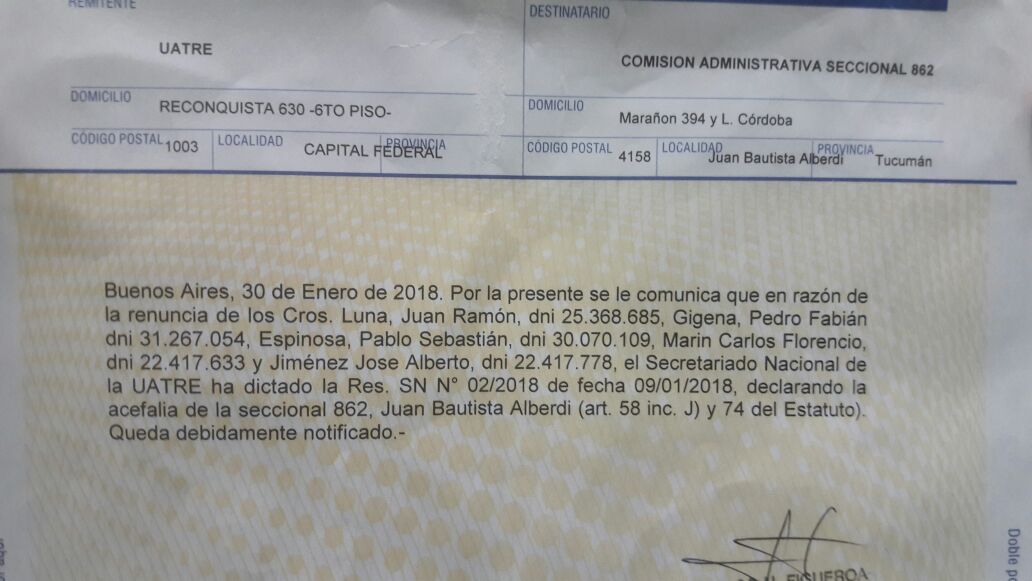 La Uatre intervino una seccional opositora y la acusan de querer «tranzar» con los empleadores