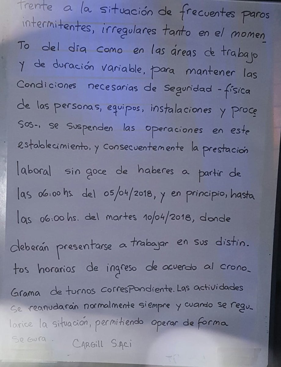 Para defender sus despidos, Cargill suspendió a todo el personal sin goce de sueldo