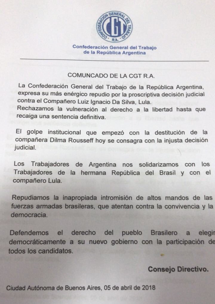 La CGT condenó el «golpe institucional» en Brasil