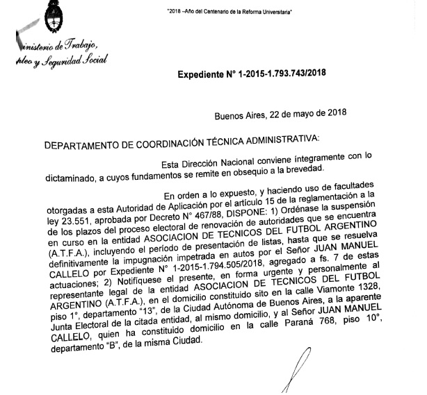 Trabajo suspendió el proceso electoral del gremio de técnicos de fútbol