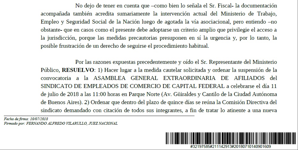 Por no garantizar la libertad sindical, la Justicia suspendió el proceso electoral de Comercio