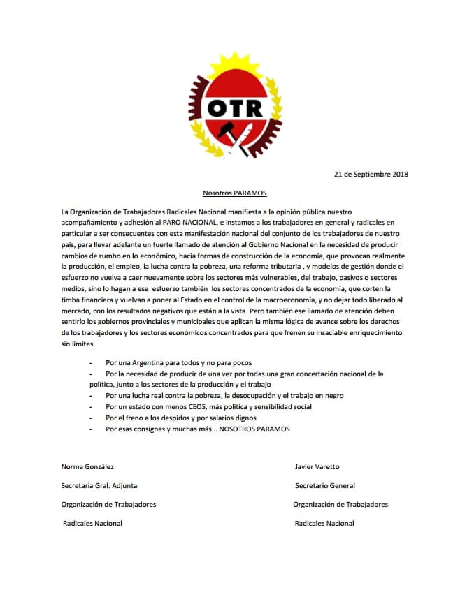 Hasta los trabajadores radicales adhieren al paro de la CGT