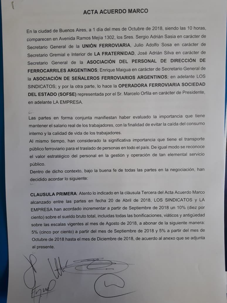 Ferroviarios acordaron un 10% adicional por tres meses y levantaron el paro de trenes