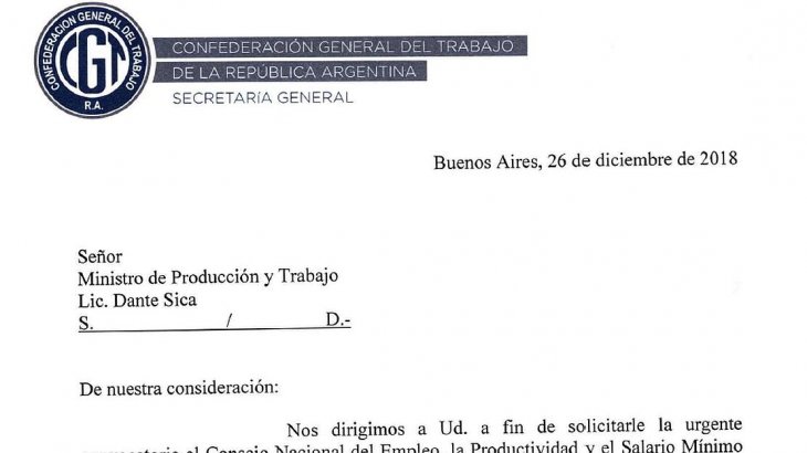 La CGT formalizó el pedido de elevar el Salario Mínimo a 25 mil pesos