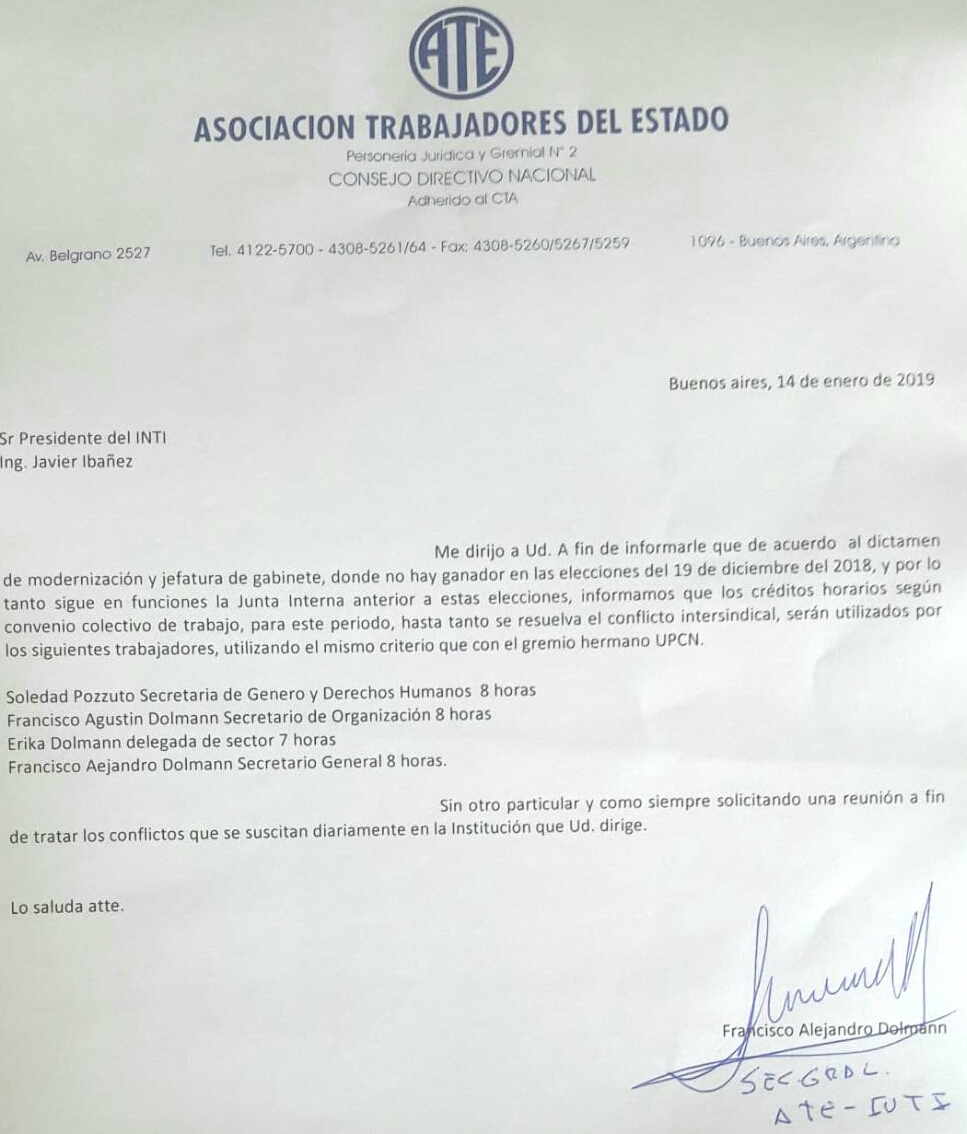 Mientras sigue la pelea de ATE en el INTI, Dolman pide licencias gremiales para toda su familia