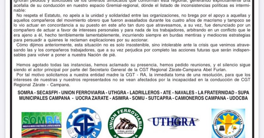 Escala la crisis en la CGT Zárate-Campana y ahora 16 gremios publican solicitada para que corran a Furlán de la conducción