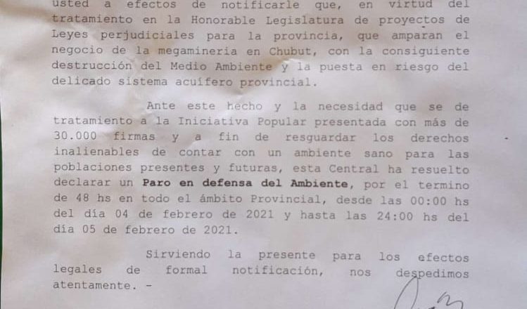 La CTA impulsa un inédito paro ambiental de 48 horas contra la minería en Chubut