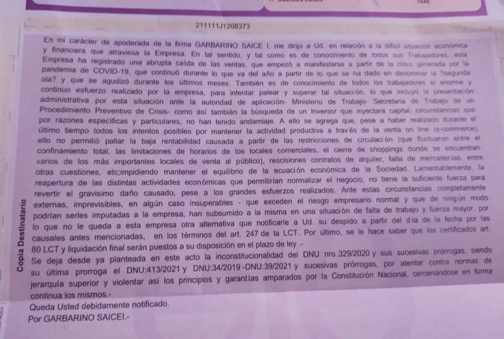 Telegrama de despido de Garbarino