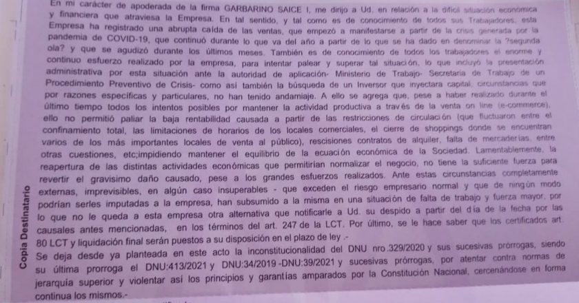 #URGENTE Garbarino abre el camino para pagar el 50% de las indemnizaciones y dice que es inconstitucional la prohibición de despidos: así son los 1.800 telegramas