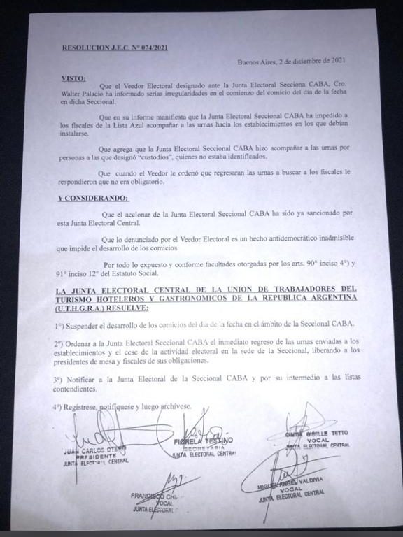 Orden de suspensión emitida por la Junta Electoral de la seccional CABA