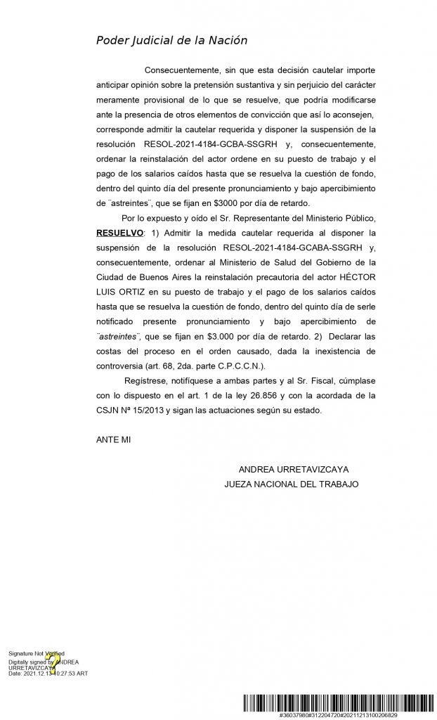 La Justicia ordenó reinstalar a un trabajador del Hospital Durand despedido