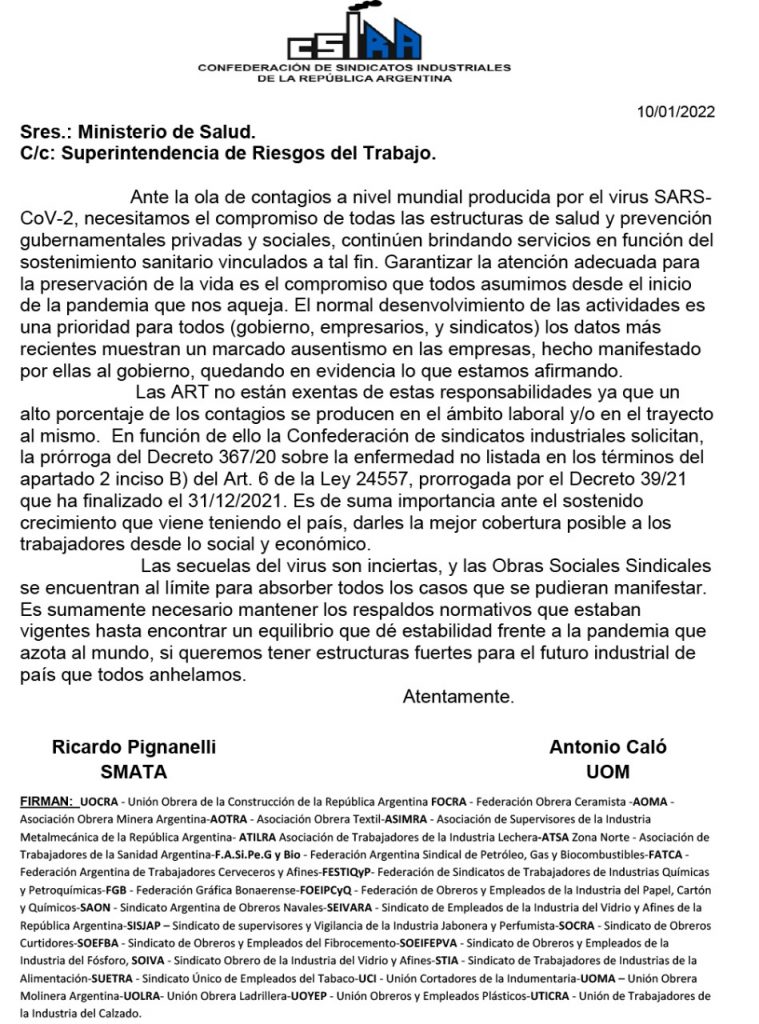 Caló y Piganelli confirmaron que aumentó el ausentismo, hablaron de elevado porcentaje de contagios en el ámbito laboral y pidieron cobertura de las ART porque "las secuelas del virus son inciertas y las obras sociales sindicales están al límite"