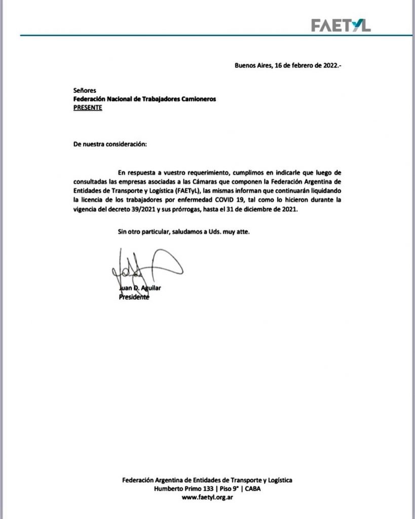 Acuerdo entre Camioneros y la Federación Argentina de Entidades de Transporte y Logística