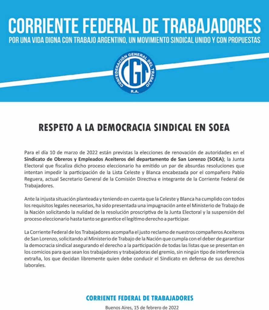 Comunicado de la Corriente Federal reclamando que Reguera pueda competir