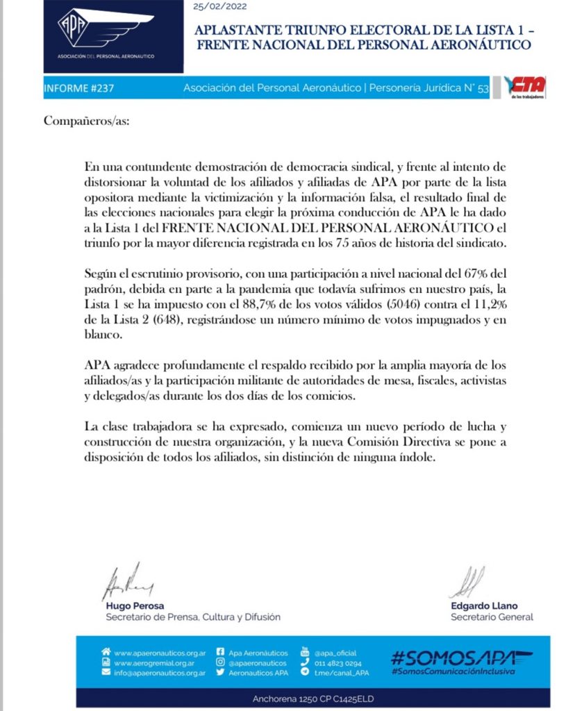 Llano se adjudicó una victoria "aplastante" en el gremio aeronáutico más populoso del país pero la oposición denunció fraude