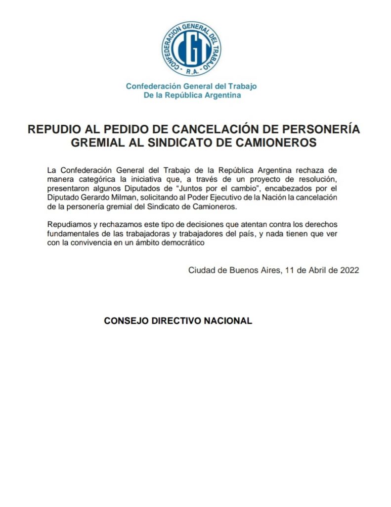 Amplio repudio sindical al proyecto de Juntos para quitarle la personería a Camioneros: "quieren a los trabajadores sin derechos y sin organizaciones sindicales"