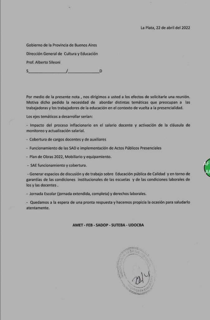 Los gremios docentes también le piden a Kicillof la convocatoria a comisión técnica salarial para revisar acuerdo paritario