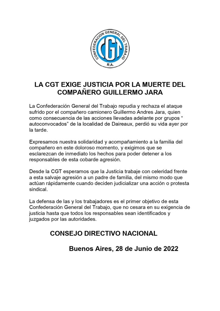 La CGT pidió "celeridad" a la Justicia sobre los hechos que involucran al camionero fallecido por querer eludir un piquete de autoconvocados