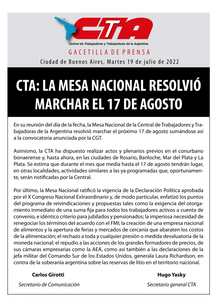 Para Baradel pidió "un aumento general de salarios" y que el 17 de agosto haya "una movilización muy importante para frenar a los desestabilizadores"