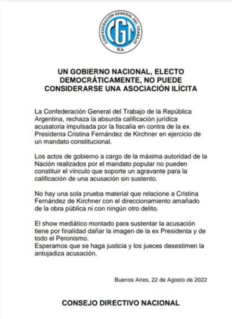 Todo el arco sindical cerró filas con CFK y Catalano pidió "ir a tribunales y quedarnos ahí el tiempo que sea necesario hasta que se resuelva"