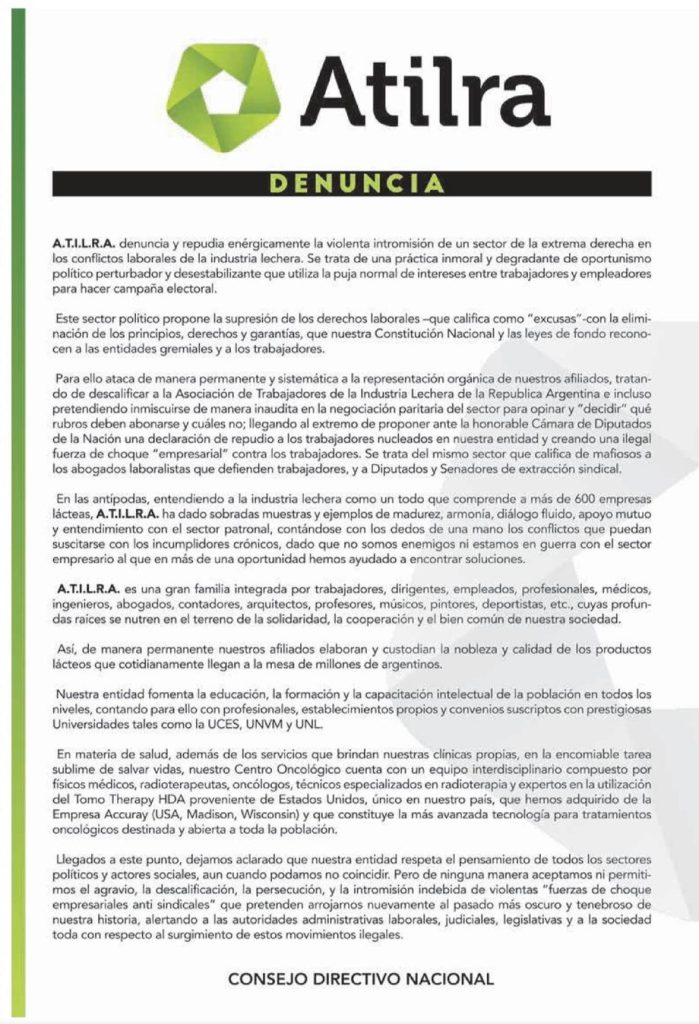 Lecheros denuncian que los "halcones" del PRO se entrometen en los conflictos laborales del sector para hacer campaña política por la reforma laboral