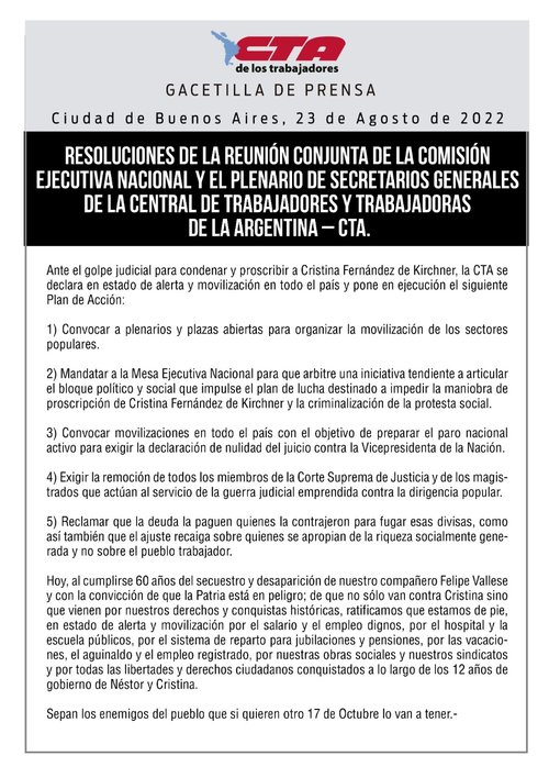 La CTA de Yasky convocó movilizaciones en todo el país para construir un paro general activo contra la proscripción de CFK: "Si quieren otro 17 de Octubre lo van a tener"